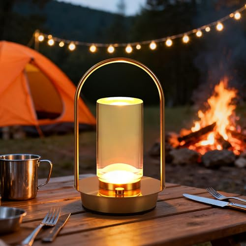 VIMAZ Cordless Table Lamp Rechargeable,Portable Metal Gold Table Lamps,4000mAH Crystal Lantern Table Lamp Touch Lamp,3 Color Stepless Dimming Battery Operated Lamp for Indoor Outdoor,Camping (Gold)