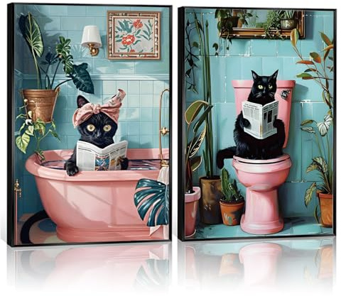 2 Stück niedliche schwarze Katze Badezimmer Wandkunst lustige Katze liest Zeitung Gemälde Bilder Wanddekoration rosa Tier Pflanze Poster Drucke für Badezimmer WC Dekorationen ungerahmt 30,5 x 40,6 cm