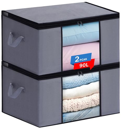 JAECU 2 Pezzi 90L Scatole per Vestiti Salvaspazio Scatola per Armadio | Pieghevole Porta Abiti con Manico Rinforzato, per Coperte Biancheria da Letto, 60x43x35cm