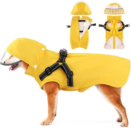 Eyein Dog Raincoat - Waterproof Dog Rain Coat Jacket with Built-In Harness & Removable Hood Zipper, Lightweight Reflective Sleeveless Double Layer Pet Rain Poncho Cloth for Small Medium Large Dogs(S)
