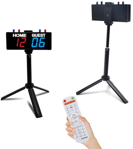 Ousmile Digital Scoreboard, Portable Electronic Scoreboard with Stand, Battery Powered Scoreboard with Remote, Clock Timer with Buttons, Score Keeper for outdoor Pingpong and Yard Games(Red+Blue)