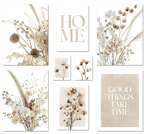 ARTFAVES® Poster Set - BEIGE DRIED FLOWERS - mehrteilige Wanddeko Wohnzimmer & Schlafzimmer - 8 moderne Wandbilder beige, trockenblumen, blumen, boho, beige-braun - ohne Bilderrahmen