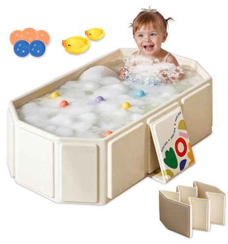 Bañera plegable para Niños: Bañera Grande para Niños Pequeños - Incluye 5 Pelotas y 2 patos - Bañera Integrada con Tapón de Drenaje - Bañera Portátil con Juguetes para Niños (White)