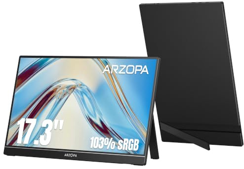 ARZOPA Bärbar bildskärm 17,3 tum stor bärbar skärm med FHD HDR IPS-skärm och stativ, perfekt som USB-C och HDMI-andra skärm för bärbar dator, PC, smartphone, PS5, Xbox