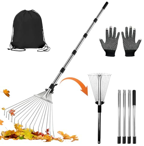 Forbabe Râteau à feuilles réglable avec 15 dents - 215 cm - En métal - Avec gants et sac de rangement - Pour nettoyer les plantes, la pelouse et la cour
