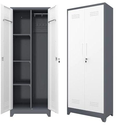 Metal Storage Cabinet, 65 Tall Garage Storage Cabinet with Lockable Doors, Utility Broom Closet for Mop Storage, Steel Tool Cabinet with Shelves for Laundry Room & Home Office, White/Grey
