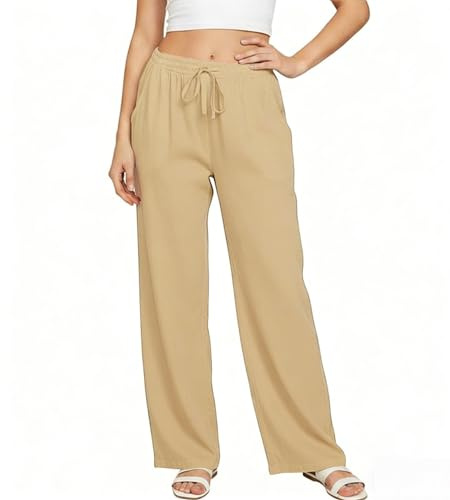 Neteson Pantalon Lin Femme Été Large Coton Pantalon Palazzo Fluide Large | Taille Haute Elastique Pantalon Plage Elegant avec Poches