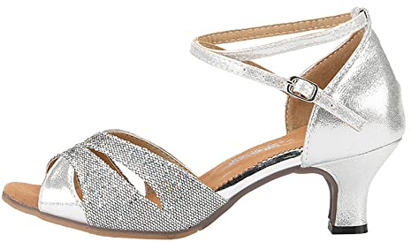 Line Dance Zapatos Mujer Verano Zapatos de Baile Estándar Latino Ballsaa Sandalias con Tacón Plateado Tiras Tacón Bloque Sandalias Tacón Alto Elegante Zapatos de Novia, O Silver, 41 EU
