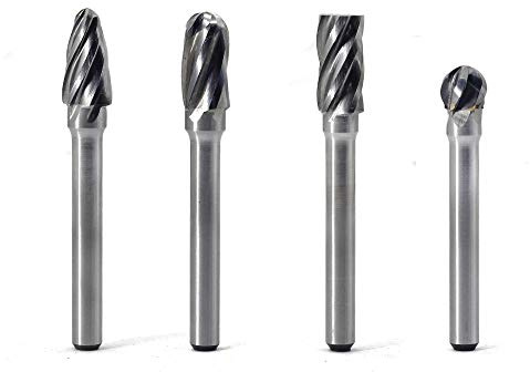 Carbide Burrs Set 4pcs JESTUOUS 1/4 Inch Shank Diameter Aluminum Rotary Files Single Cutting Edge for Die Grinder Drilling Bits Metal Carving Engraving