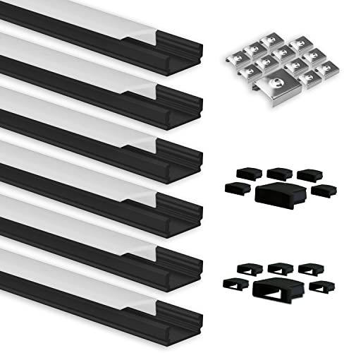 INNOVATE® LED Aluminium Profil Set 6x1m – Aluprofil für LED Streifen bis 12mm – milchig satinierte Abdeckung inkl. Endkappen – Aufbauprofil schwarz pulverbeschichtet Maße 1000 x 16,8 x 5,91 mm