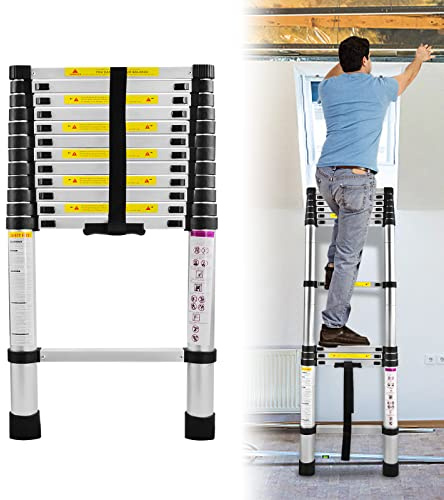 YARDIN teleskopstege 3,8 m, aluminiumledare utdragbar halkfri stående stege utdragbar stege multifunktionsstege 150 kg lastkapacitet, 13 ribbor, silver