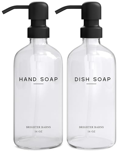 Klart tvåldispenser i glas set av Brighter Barns – hand- och disktvåldispenser för diskho – kökstvåldispenser set & pump – modern köksdekor, neutrala badrumsdekortillbehör (klar)