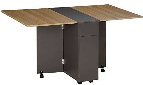 HOMCOM Table à Manger Pliante sur roulettes, Table de Cuisine pour 6 Personnes avec 2 abattants, 2 tiroirs et 2 placards, pour Petits espaces, 140 x 76 x 74 cm, Gris et Bois Naturel
