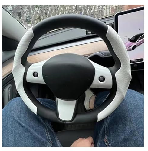 Funda de Volante de Piel sintética Protector para Volante de Coche Te&SL&a, Modelo 3/Y, Gamuza, Color de Fibra de Carbono, Manillar Antideslizante Ultrafino Absorbente de Sudor(White)