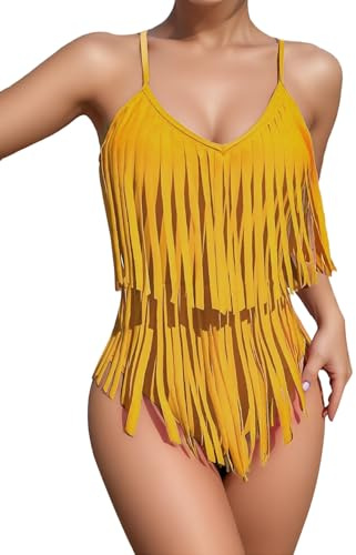 JOLISSLAN Women's Stylish Flowy Fringe Trim Swimsuit Spaghetti Strap One-Piece Bikinis Tummy Control Full Bathing Suit, Yellow/M