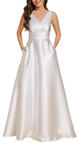 Ever-Pretty Abito Cerimonia Donna Eleganti Lungo Raso Senza Maniche Abito Damigella d'Onore Vestito Elegante Scollo a V Bianco 38