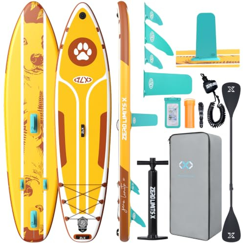 ZLX Inflatable Stand Up Paddle Board, 10'6 SUP Non-Slip Stable Deck Pad, Unique Center Fin, Premium Accessories, Portable Paddleboard for Adults, Beginners, All Skill Levels (Yellow Dog Friendly)