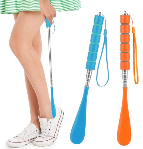 AYBUY Ausziehbarer Schuhlöffe, Schuhanzieher Lang Kunststoff,Schuhlöffel Lang Mit Ergonomischer Form,Leicht zu tragen für Reisen，für Herren, Damen, Kinder, Senioren(Orange + Blau)