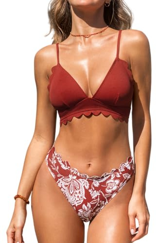 CUPSHE - Set bikini da donna, scollo a V, bikini con lacci smerlati, costume da bagno due pezzi a vita bassa e bralette, M