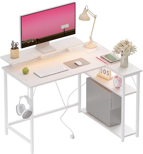 Xyphren L Shaped Gaming Desk with RGB LED Lights & Power Outlets, Small Computer Desk with Adjustable Shelves, Corner Office Desk for Study Workstation, 120x80 cm with RGB Lights, White