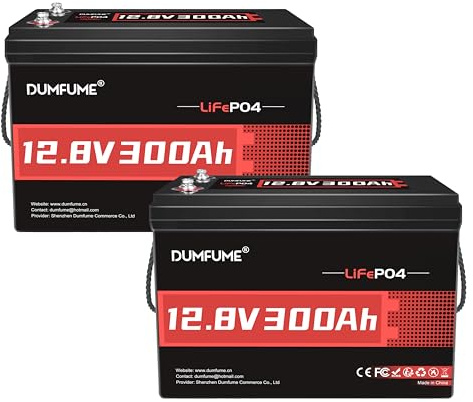 Dumfume LiFePO4 Batteria Litio 12V 300Ah (2 Pezzi), BMS 200A 3840W - Batteria LiFePO4 300Ah per Accumulo Fotovoltaico, Uso Professionale, Vanlife e Rete Isolata