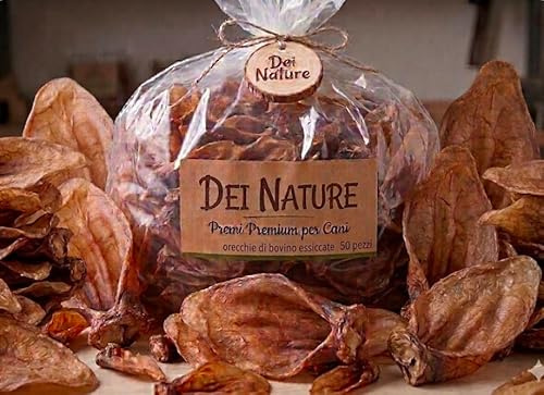 Dei NATURE Orecchie di Bovino Essiccate, CONFEZIONE DA 50 UNITÀ Snack Naturale di Manzo per Cani, adatto dieta Barf