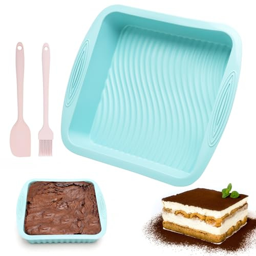 VOSSOT Brownie Stampo da forno in silicone, rettangolare, 20 × 20 × 5 cm, in silicone, per cuocere brownies tiramisù con busti e raschietto