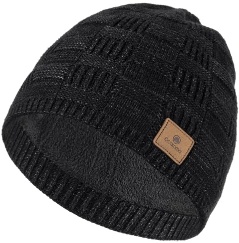 Ocatoma Winter Beanie Warm Knit Hat for Men Soft Fleece Lined Cuffless Ski Hats Stocking Cap Outdoor Unisex Black