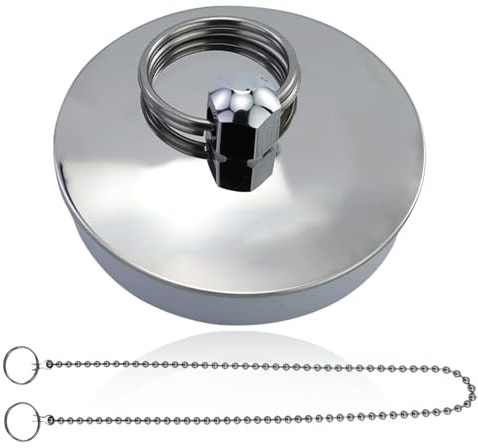 Tappo per vasca da bagno, 42 a 46 mm, tappo universale per vasca da bagno, in acciaio inox e silicone, tappo per lavandino, con 1 catena di perline doppio cerchio argento da 40 cm, per lavello, bagno