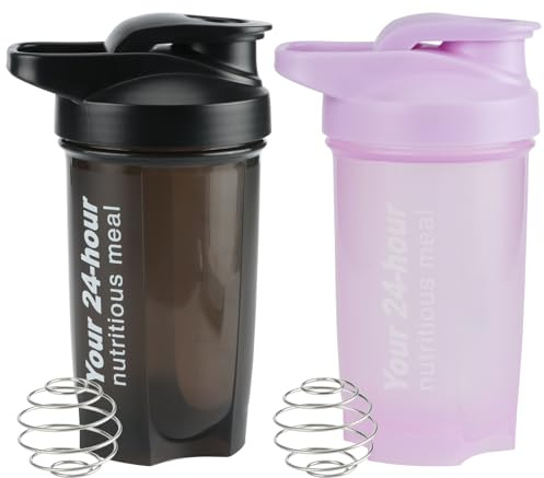HO-SFSM 2 Piezas Protein Shaker, 500ML Vaso de Batido de Proteína en Polvo con E0scala de Medición para Deportes, Gimnasio, Suplemento, Botellas de Bebidas (Negro + Morado)