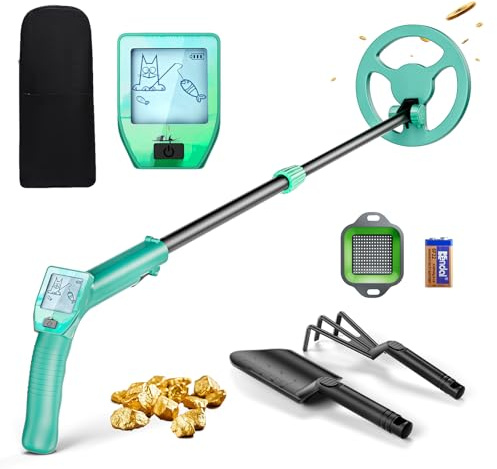 Detector Metales Niños, Ligero Detector de Metales para Niños con Mango Ajustable de 66-83 cm, Pantalla LCD y Bobina de Búsqueda Impermeable, Alta Sensibilidad con Pala Rastrillo Tamiz Bolso, Verde