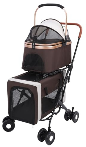 TIKATARER Cochecito Doble para Mascotas, Ligero, Desmontable y Plegable, Carrito de Paseo para Mascotas de 4 Ruedas con Diseño Dos Niveles, Transportador de Viaje para Perros Gatos