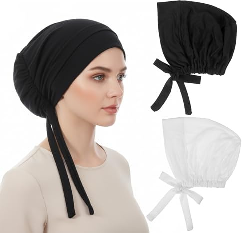 2 Pcs Cotton Headwear for Women, Under Hijab Cap Inner Under Scarf Hat Turban with Tie Back Closure, Slip on Head Scarves Cancer Headwear, Soft Cancer Head Scarf Hats Beanie Elastic Hair Wraps Gift