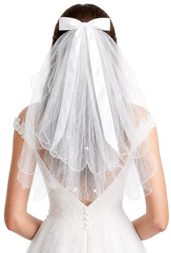 22.4 Inch White Tulle Bridal Veil with Bow Pearls Comb | Elegant tulle veil with secure comb. Ideal for bachelorette parties, weddings, or showers. Great gift for women & girls.