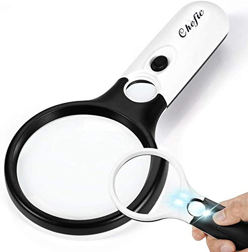 Magnifying Glass with 3 LED Lights, Chefic Handheld Illuminated Magnifier 3X 45X Magnification, Super High Clarity Lightweight Exploring & Reading Aid for Seniors Kids - White and Black