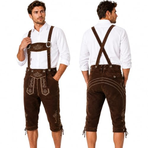 McWilliams Lederhosen Men's Authentic Bavarian German Brown - Oktoberfest Leather Trousers, Shoes, Socks, and Shirt (German 50 / US 34, Dark Brown)