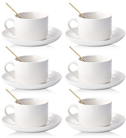 CHILDIKE Porcelain Coffee Cups and Saucers Set of 6 with Gold Spoon 220 ml/ 8 Ounce, Ceramic White Cups for Tea Cappuccino Espresso