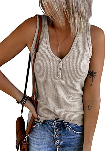 Tuopuda Canotta Donna Estive Tank Top Elasticizzato Incrociato Canottiera Scollo a V Magliette a Coste Casual Camicia in Maglia Camicetta Elegante T-Shirt Crop Top Tinta Unita, Beige, L