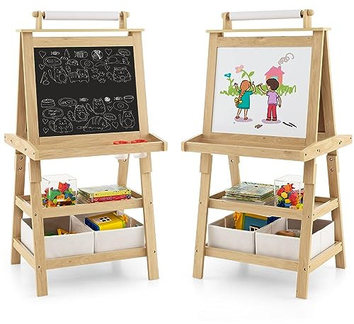 GOPLUS Tableau Enfant Double Face, Chevalet Enfant avec Tableau Blanc/Noir Magnétique Effacable, Rouleau de Papier 2 Boîtes de Rangement, pour 3+ Ans (Naturel)