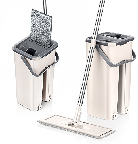 Mopa Cubo Escurridor Fregona Plana Drenaje Compartimento Doble Escurre Fácil 6 Almohadillas para Limpieza Suelos Azulejos Tarima Madera Mango Ergonómico Atrapa Polvo Ventanas Mop Bucket Set Trapeador