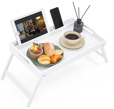 Unibos | Bamboo Bed Tray Table with Handles & Foldable Legs, Multipurpose Lap Tray, Desk for Breakfast in Bed, Sofa, Platters, Working, Drawing, Laptop Stand, Snack Tray etc | Tray with Media Slot