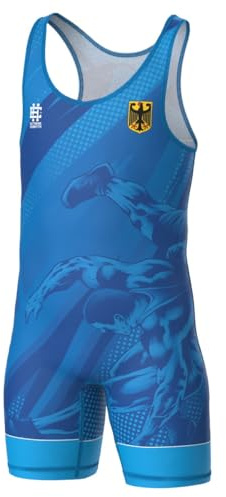 Extreme Hobby - Ringertrikot für Kinder der Deutschen Nationalmannschaft professioneller Kompressionsanzug für Wettkämpfe, Wrestling Singlet, Farbe: Blau, Größe: 128