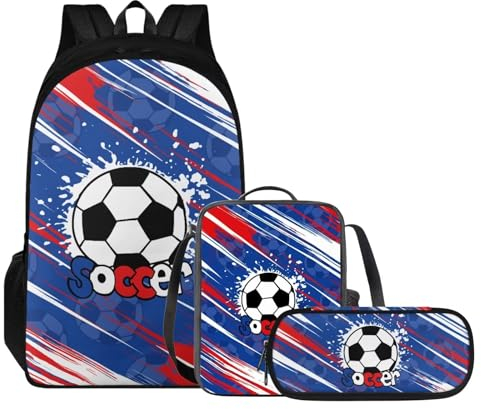 Tomeusey Ensemble sac à dos 3 en 1 avec sac à déjeuner étanche, trousse à crayons, sac à dos d'école, sac de voyage décontracté, sac à dos pour garçons et filles, Imprimé football