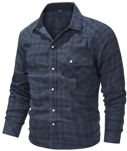 MakingDa Men's Smart Casual Plaid Flannel Shirt Winter Warm Long Sleeve Regular Fit Checked Snap Button Thermal Lumberjack Work Shirts Chequered Jacket with Pockets-Blue-M