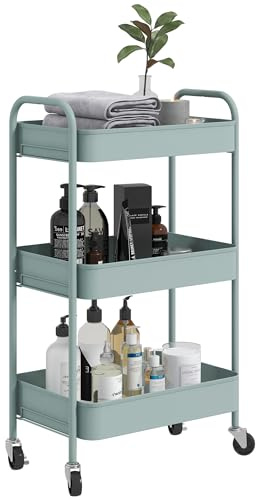 HOMCOM 3-tier Storage Trolley on Wheels, Metal Storage Cart, Rolling Ultility Cart with 3 Mesh Baskets for Living Room, Kitchen, Light Blue