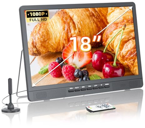 DESOBRY Mini TV 18 Pouces avec antenne, TV de Camping 12V avec Tuner numérique DVB/T2 intégré, Mini télévision LCD HD 1080P avec Support Ajustable à 180° (sans Batterie)