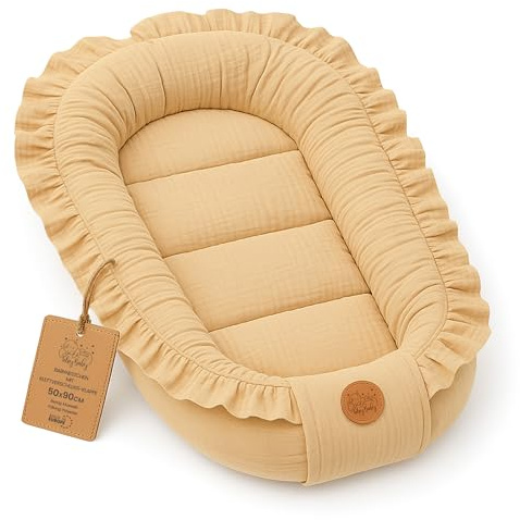 Musselin Babynest Nestchen Baby 90x50 cm - Babynestchen Neugeborene Nest für Kinder Bett und Babybett tragbar Kuschelnest Coccon für Jungen und Mädchen Baumwolle Beige