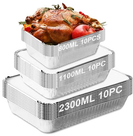 Porfoyo - Lote de 30 bandejas de aluminio con tapa, bandeja de alimentos, bandeja de aluminio, bandeja para hornear, rejilla de cocina, restauración, 2300 ml, 1100 ml y 800 ml