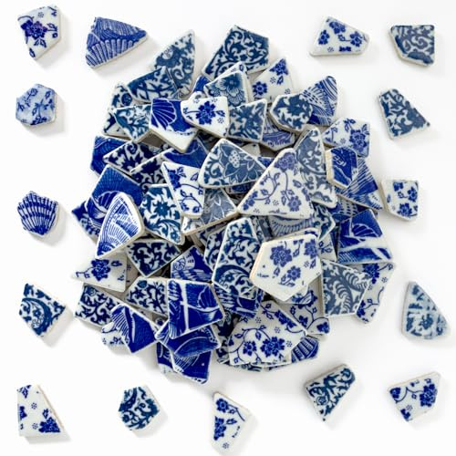 Yazikisa Broken Ceramic Tiles for Mosaic Craft Blue and White Porcelain China Pieces Shards Bulk Irregular Glazed Bathroom Stepping Stone Table Making Supplies 11x11 Inches