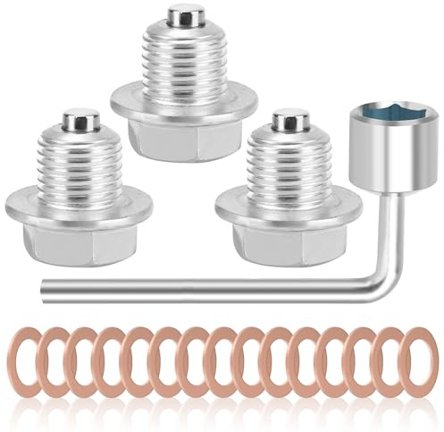 Qichan 3 uppsättningar oljeavtappningsplugg, M14 x 1,5 magnetisk oljeavtappningsplugg med tätningsring och hylsnyckel, magnetisk tätning oljebricka dräneringsmutter, dräneringsskruv olja för bilar
